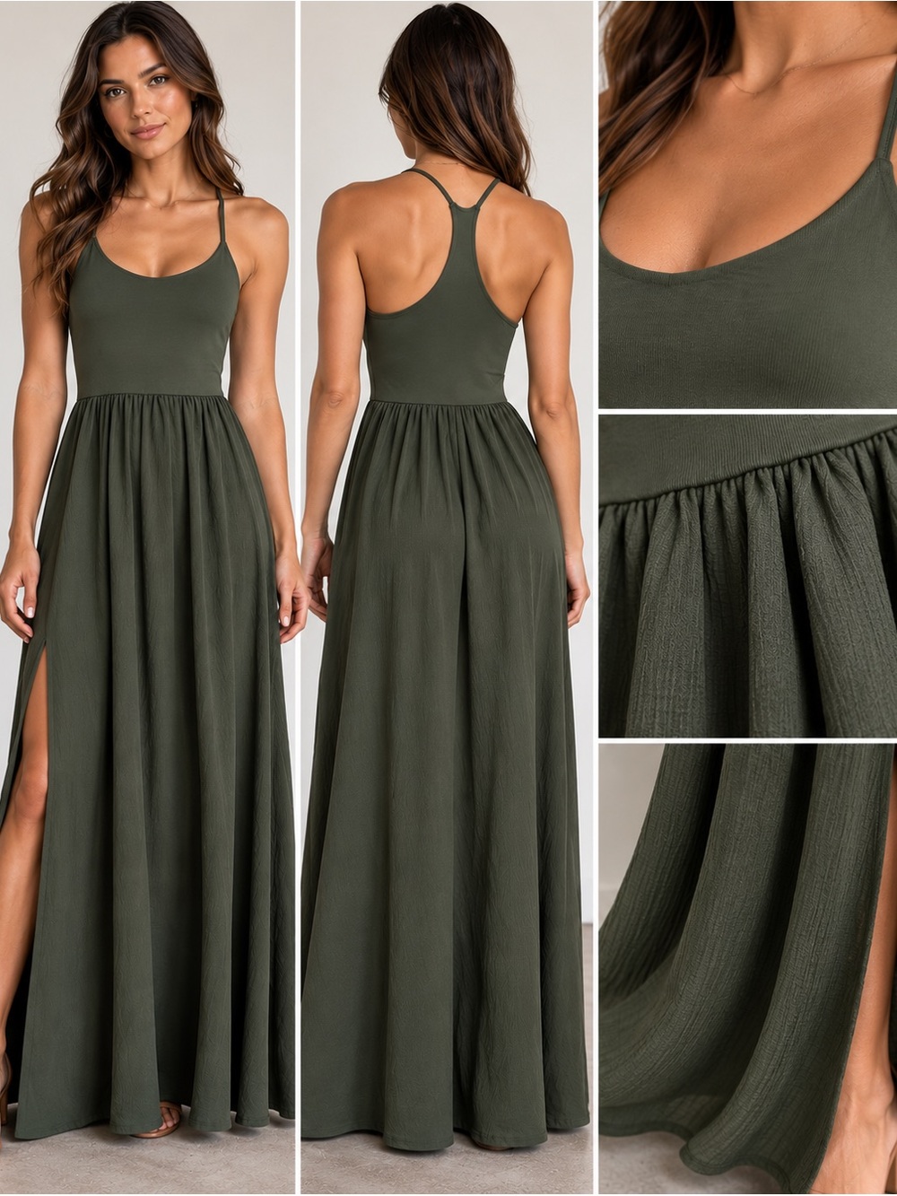 Halara Dress Women Sz XL race back built in bra Maxi side a slit Midnight Green